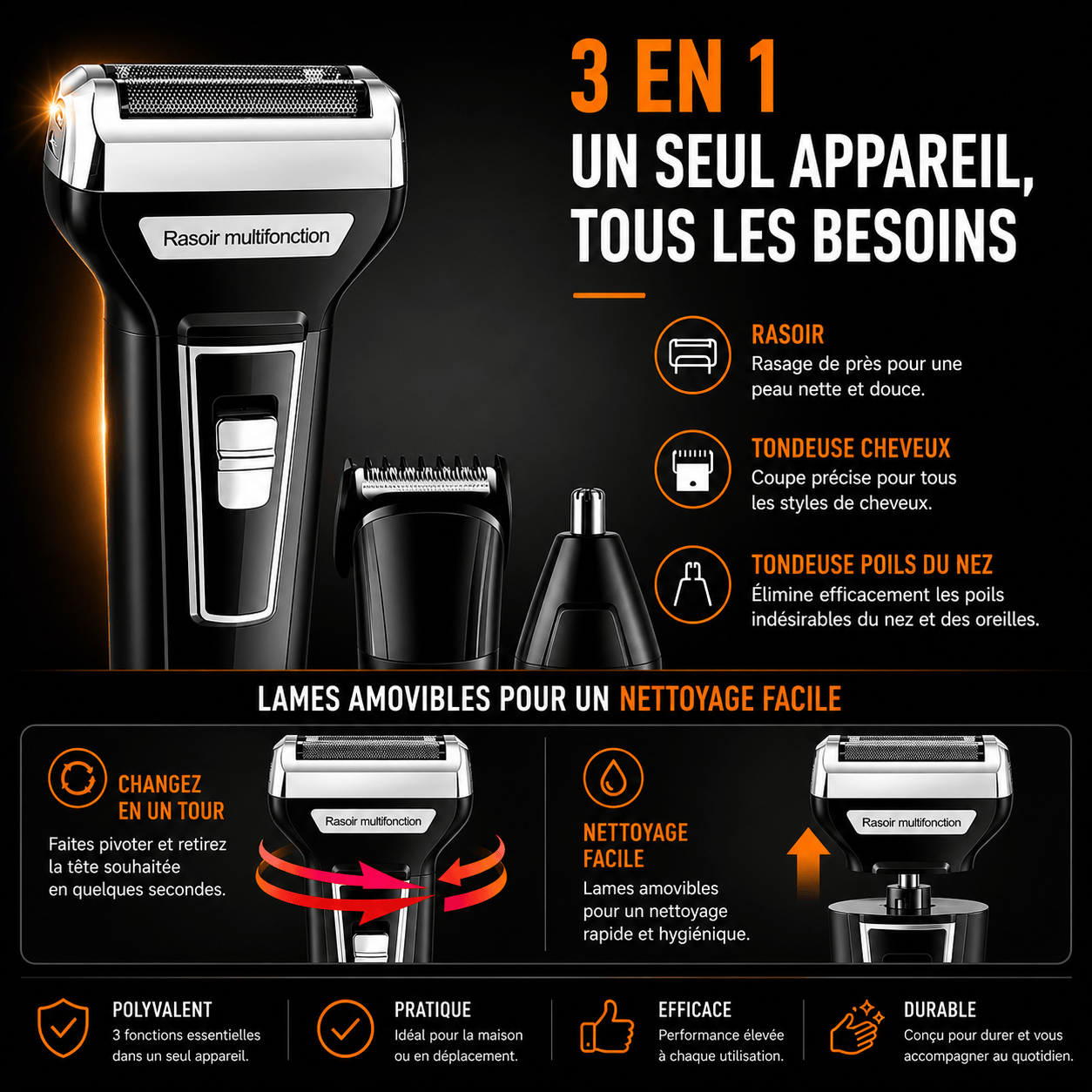 BONDABOUSHOP 🔥 Rasoir Multifonction 3 En 1 – Barbe, Cheveux & Poils du Nez Rechargeable