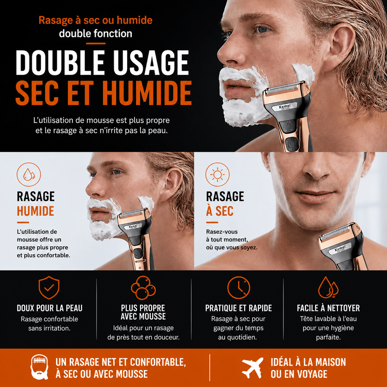 BONDABOUSHOP 🔥 Rasoir Multifonction 3 En 1 – Barbe, Cheveux & Poils du Nez Rechargeable